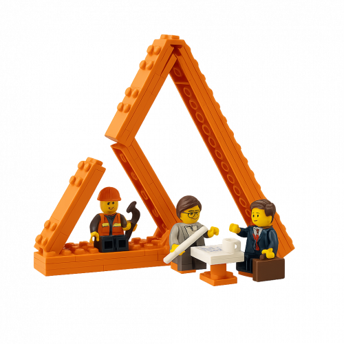 A group of LEGO team members leaning over a large table filled with colorful bricks, actively assembling a detailed architectural model.